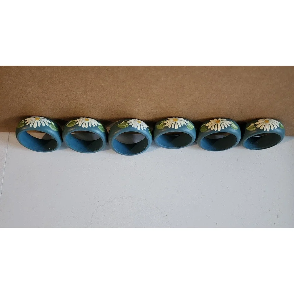 Daisy Wood Napkin Rings Set 6 Hand Painted Floral Cottagecore‎ Table Spring